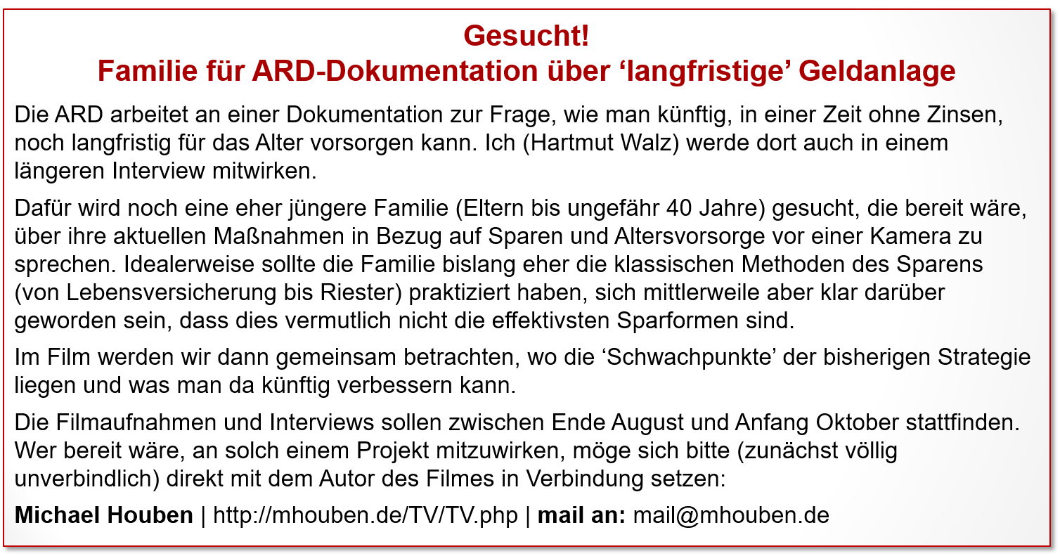 GESUCHT - Familie für ARD-Dokumentation über ‘langfristige’ Geldanlage
