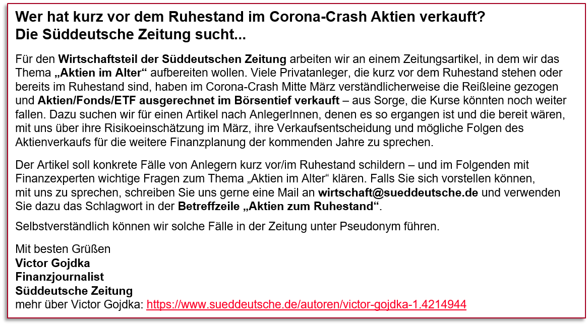 Süddeutsche sucht - Wer hat kurz vor dem Ruhestand im Corona-Crash Aktien verkauft
