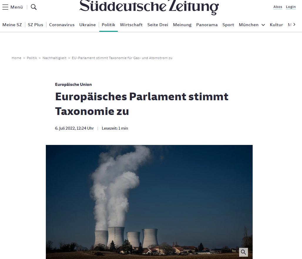 Süddeutsche Zeitung EU-Taxonomie Atom Gas