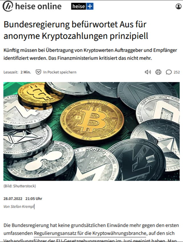 Bundesregierung befürwortet Aus für anonyme Kryptozahlungen prinzipiell​ heise.de