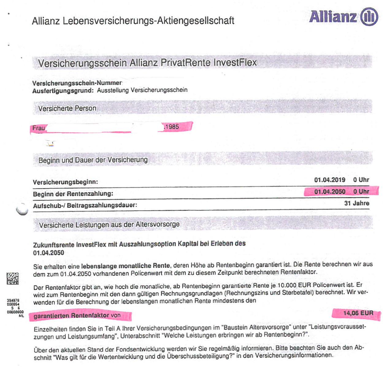 1 Vorsicht Allianz PrivateRente InvestFlex Versicherungsdaten