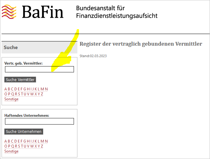 BaFin Register der vertraglich gebundenen Vermittler